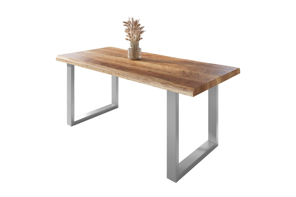 Esstisch Baumkante massiv Mango rough 180 x 90 U-Gestell silber ATLAS