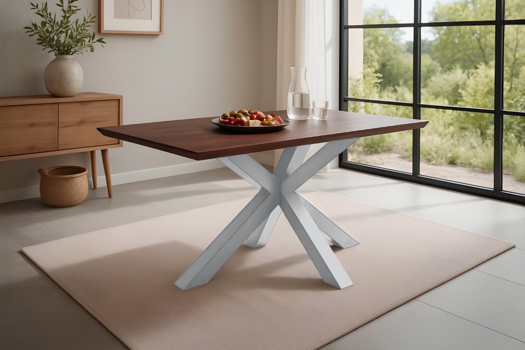 Esstisch 120x80cm Akazie massiv kastanienfarben schweizer Kante Spider-Gestell silber RITA