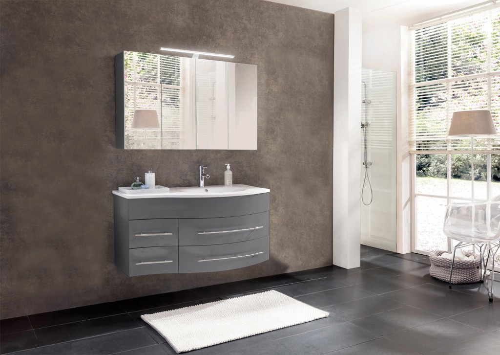 Badmöbel Set 2tlg Becken 110 cm grau Hochglanz Dublin rechts