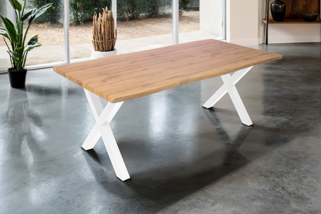 Esstisch Baumkante Holz-Optik Wildeiche 180 x 90 X-Gestell weiß JOSY