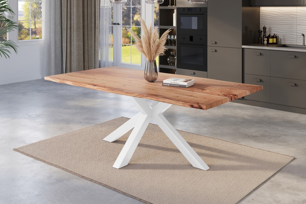 Esstisch Baumkante massiv Akazie natur 180 x 90 cm Spider-Gestell weiß Kalea