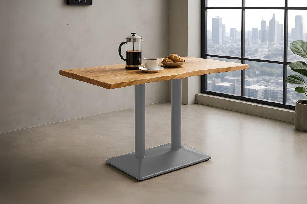 Bistrotisch Baumkante massiv 120 x 70 cm Akazie naturfarben Doppelsäulengestell silber ISLA