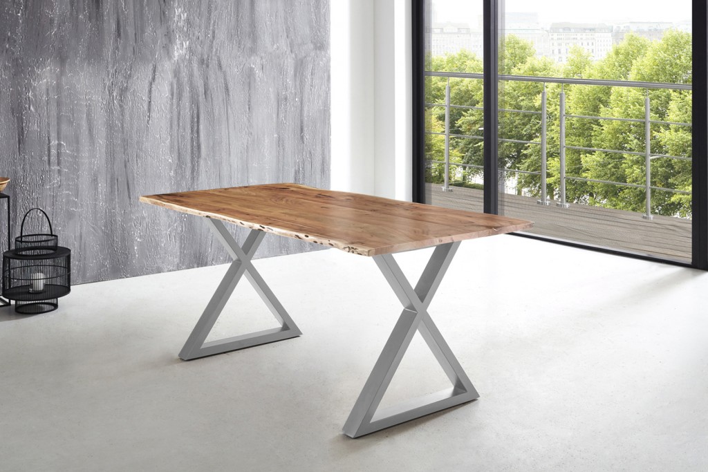 Esstisch Baumkante massiv Akazie natur 180 x 90 silber X-Gestell LUBIN