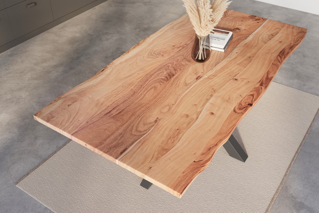 Esstisch Baumkante massiv Akazie natur 220 x 100 cm Spider-Gestell schwarz KALEA