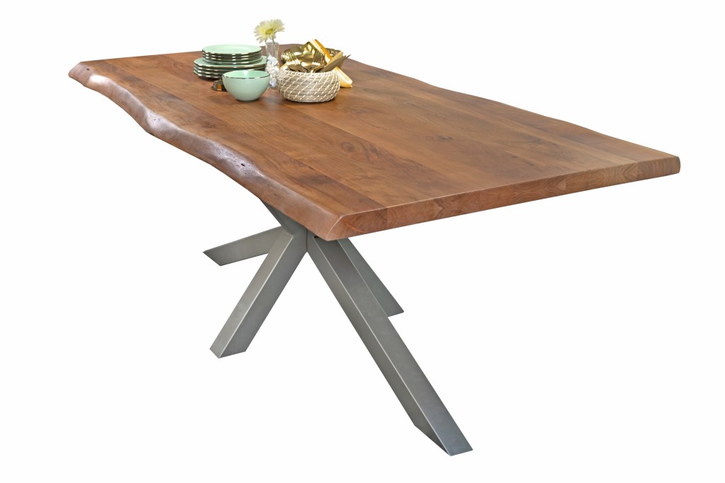 Esstisch Baumkante massiv Akazie Nussbaum 220 x 110 Spider-Gestell silber CALI