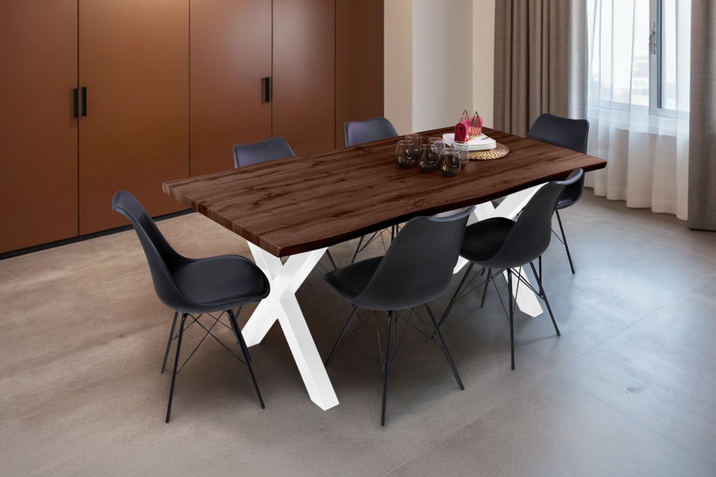 Esstisch Baumkante Holz-Optik Nussbaum 180 x 90 X-Gestell weiß JOSY