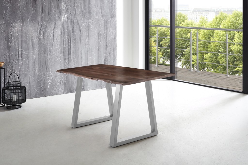 Esstisch Baumkante massiv Akazie nussbaum 180 x 90 silber V-Gestell LUBIN