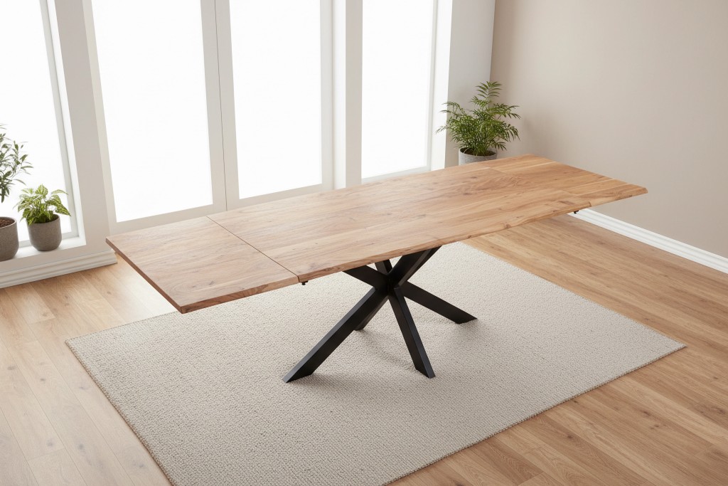 Esstisch Baumkante Akazie natur 160(260)x90 Ansteckplatten Spider-Gestell schwarz AVINO