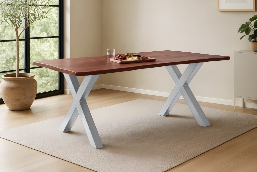 Esstisch Baumkante massiv Akazie kastanienfarben 180 x 90 cm X-Gestell silber Roxana