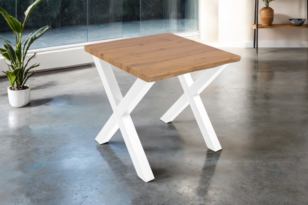 Esstisch Baumkante Holz-Optik Wildeiche 80 x 80 X-Gestell weiß JOSY
