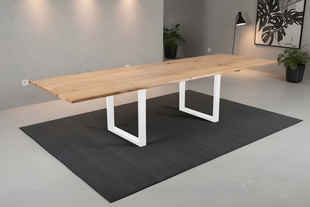 Esstisch Baumkante massiv Eiche 180(280)x90 Ansteckplatten U-Gestell weiß SESSA
