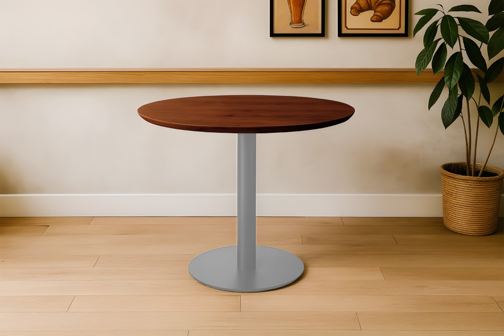Bistrotisch Schweizer Kante massiv 80 cm Akazie nussbaumfarben Säulengestell-rund silber BRASILIAN