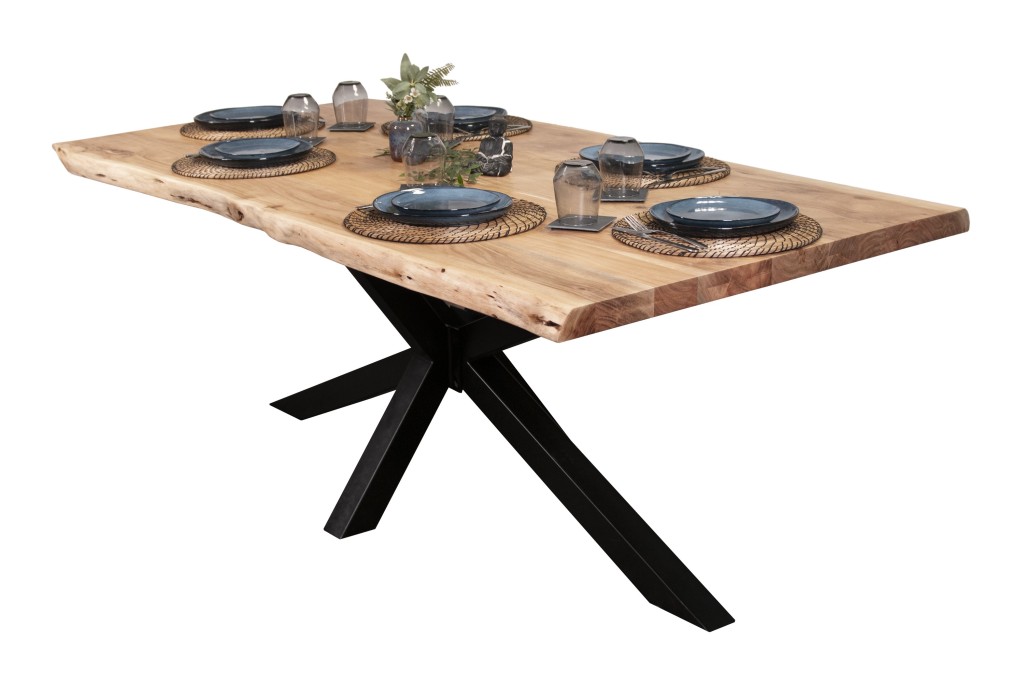 Esstisch Baumkante massiv Akazie Natur 200 x 110 Spider-Gestell schwarz CALI