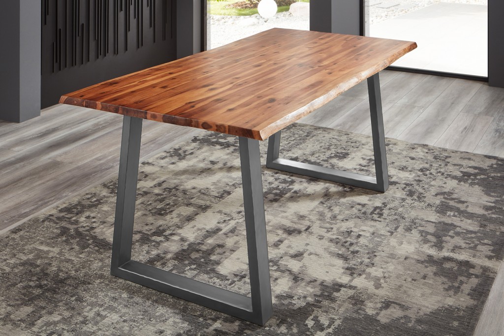 Esstisch Baumkante cognac Akazie V-Gestell edelstahl 120 x 80 cm WIEN