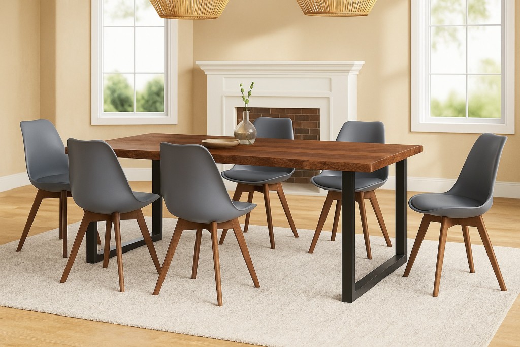 Essgruppe Baumkante massiv 180 x 90 cm Holz-Optik Nussbaum U-Gestell schwarz & 6 Stühle grau JOSY