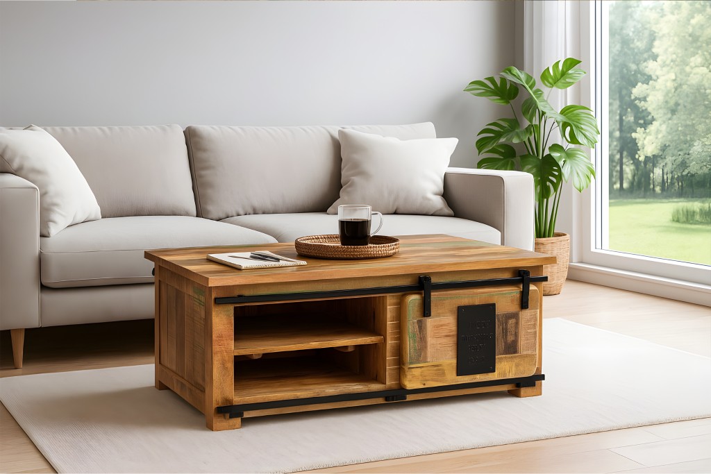Couchtisch mit Schiebetür und 3 Fächern Mango massiv vielfarbig 110 x 45 x 70 cm LIBRO