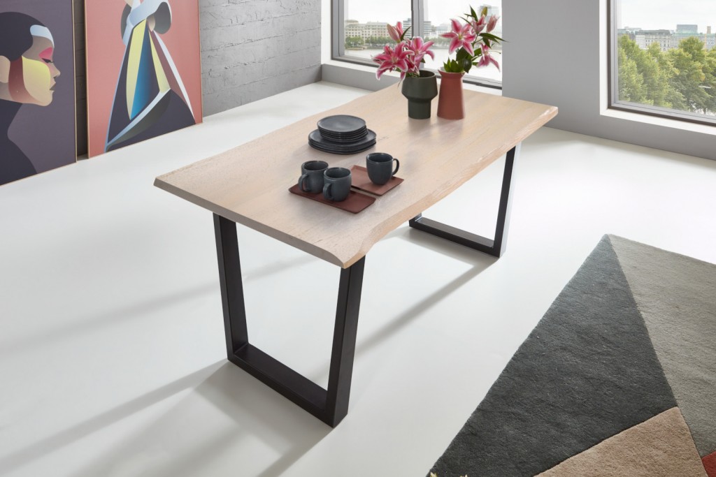 Esstisch Baumkante massiv Akazie grau & sandgestrahlt 200x100 schwarz GRACE