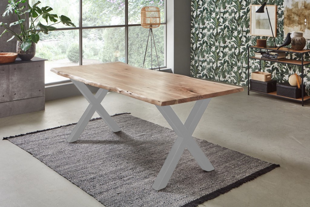 Esstisch Baumkante Akazie naturfarben 160 x 85 cm X-Gestell silber FREDERIK