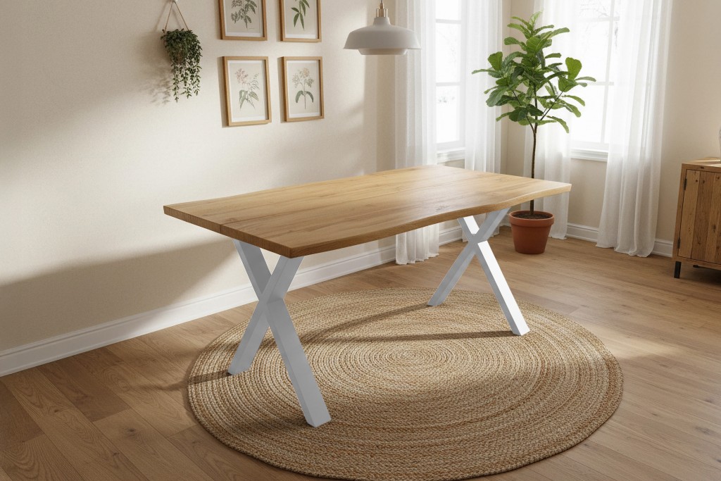 Esstisch Baumkante Holz-Optik Wildeiche 160 x 85 X-Gestell silber DUA