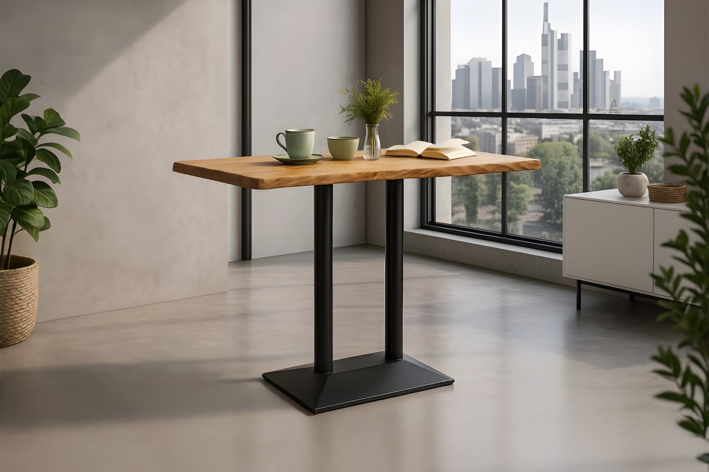 Bistrotisch Baumkante massiv 120x70 cm Akazie naturfarben schwarz Doppelsäulengestell IAN