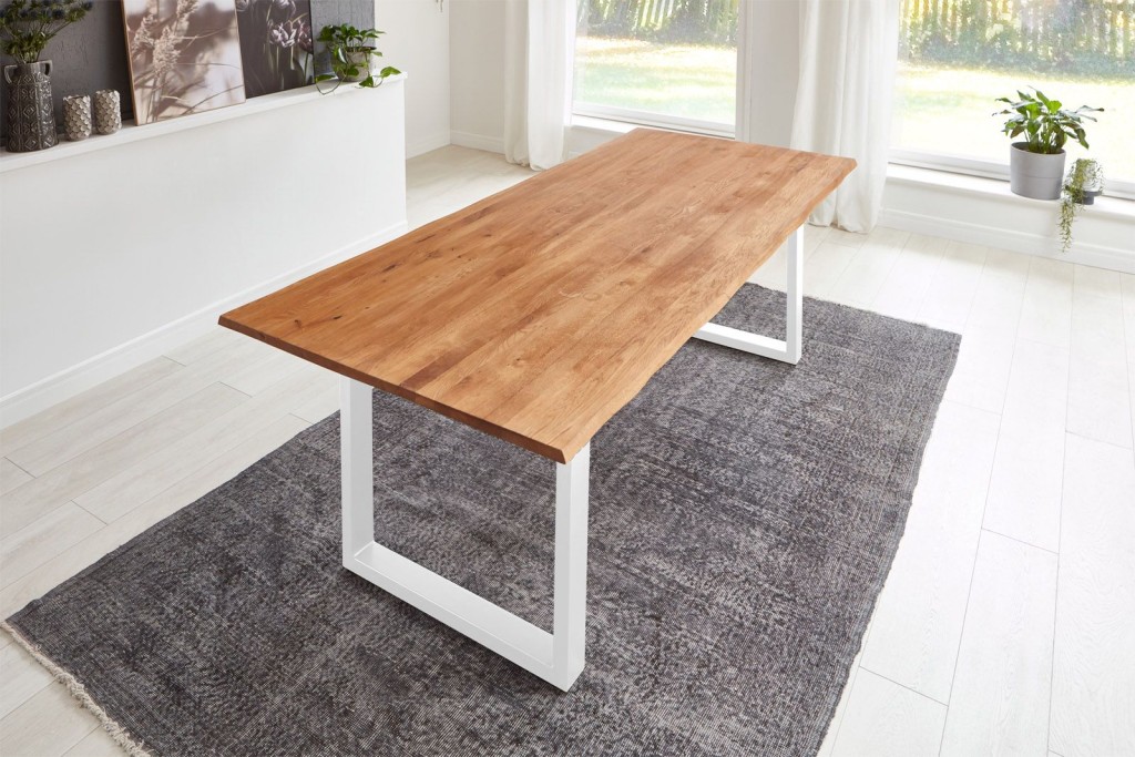 Esstisch Baumkante Massiv Wildeiche 220 x 100 weiß SESSA