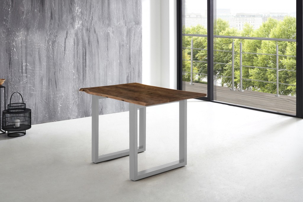 Esstisch Baumkante massiv Akazie nussbaum 140 x 80 silber U-Gestell LUBIN