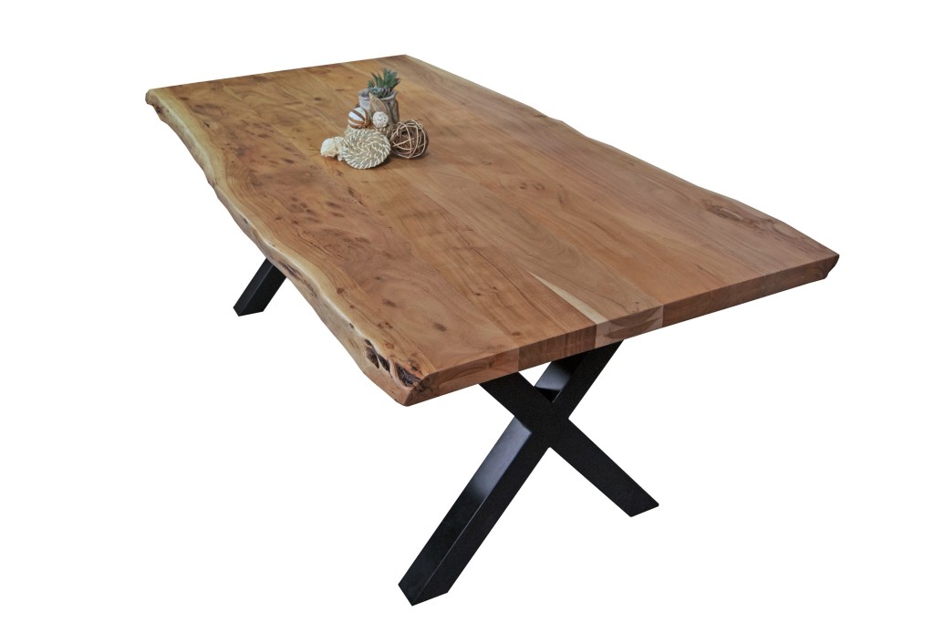 Esstisch Baumkante massiv Akazie Natur 300 x 110 X-Gestell schwarz CALI