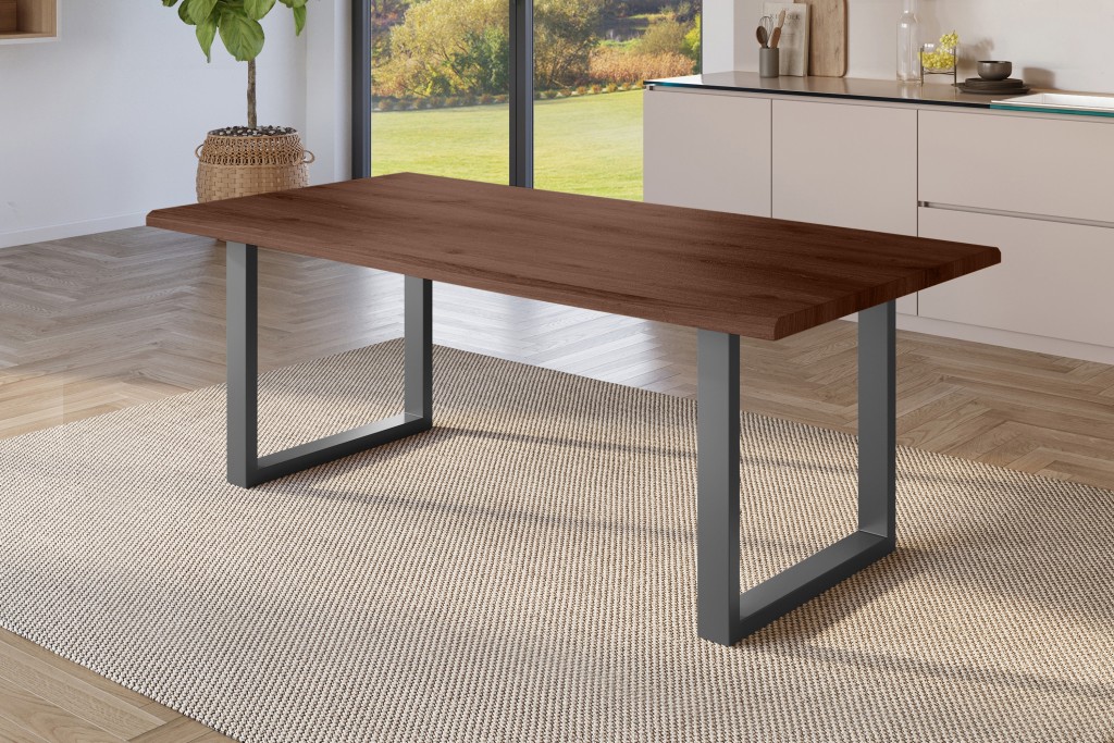 Esstisch Baumkante Holz-Optik Nussbaum 220 x 100 U-Gestell schwarz JULIUS