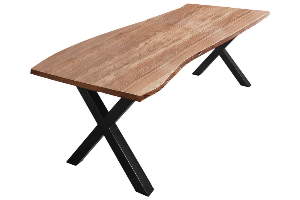 Esstisch Baumkante massiv Akazie natur 220 x 100 X-Gestell schwarz XAVER