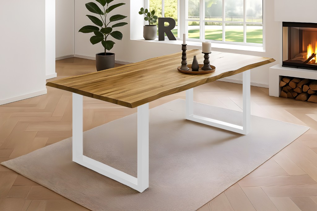 Esstisch Baumkante massiv Akazie natur 140 x 80 weiß NOAH