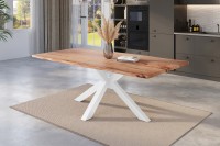 Esstisch Baumkante massiv Akazie natur 220 x 100 cm Spider-Gestell weiß KALEA Esstisch Baumkante massiv Akazie natur 220 x 100 cm Spider-Gestell weiß KALEA