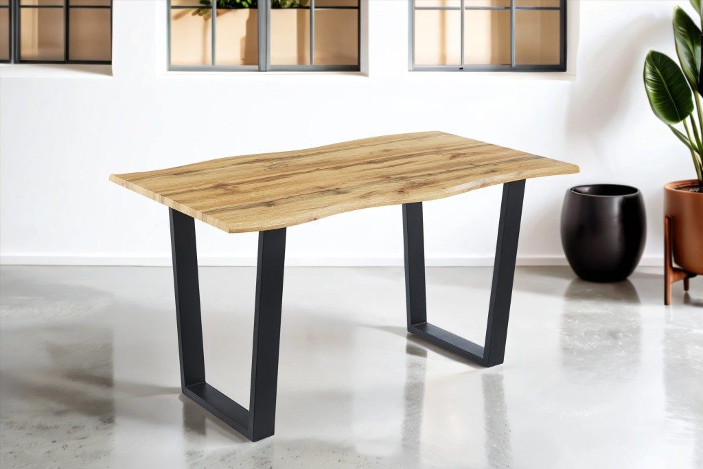 Esstisch Baumkante Holz Wildeiche-Optik 140 x 80 V-Gestell Metall schwarz KOPENHAGEN