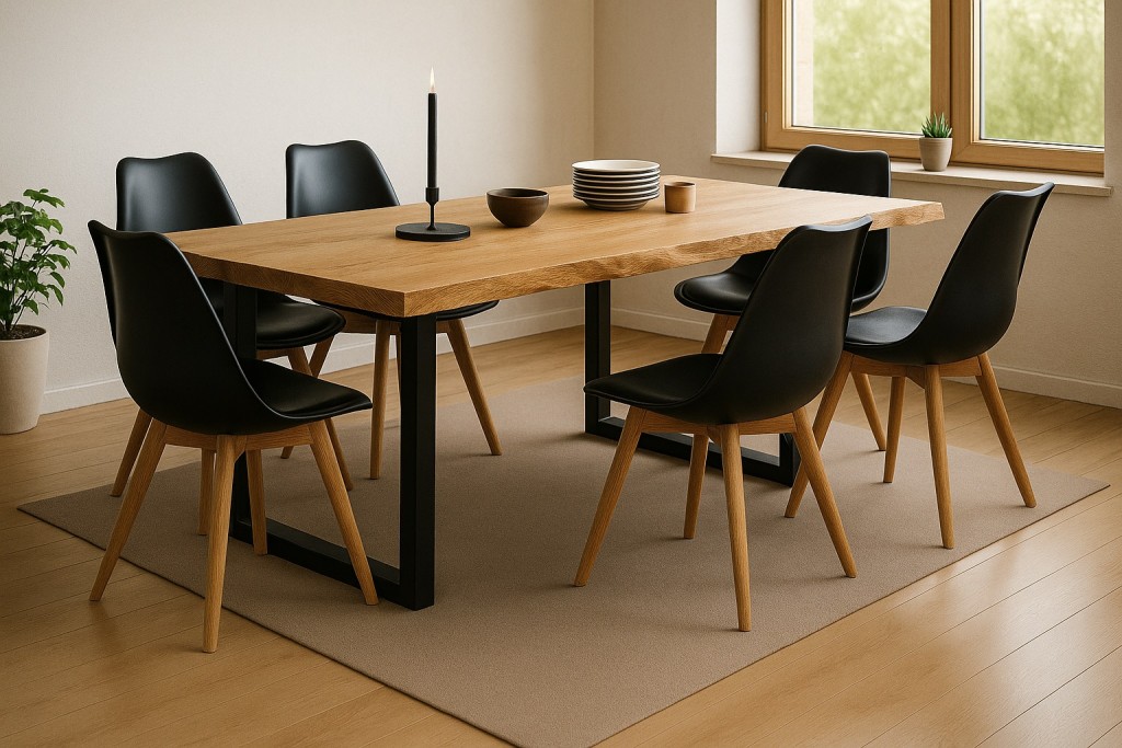 Essgruppe Baumkante massiv 160 x 85 cm Wildeiche U-Gestell schwarz & 6 Stühle schwarz SEATTLE
