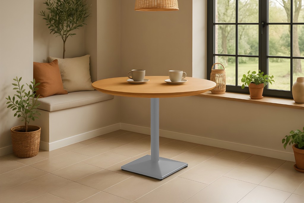 Bistrotisch Schweizer Kante massiv Eiche geölt 100 cm Säulengestell-eckig silber BRASILIA