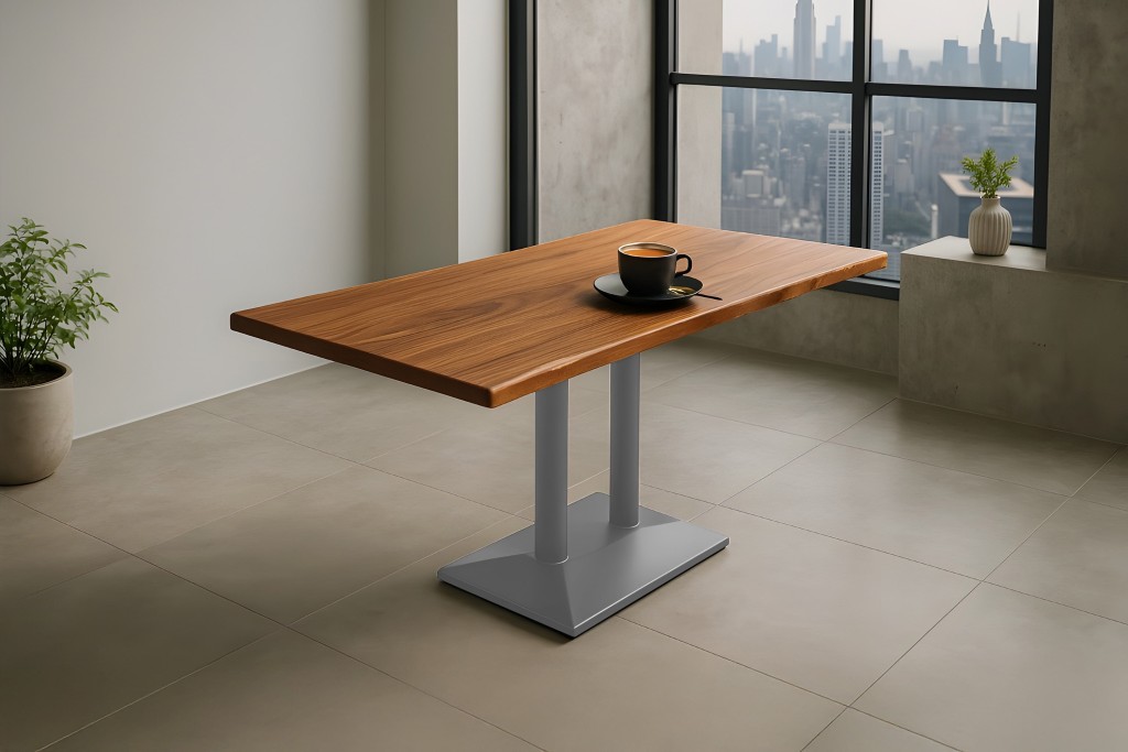 Bistrotisch Baumkante massiv 120 x 60 cm Akazie nussbaumfarben Doppelsäulengestell silber ISLA