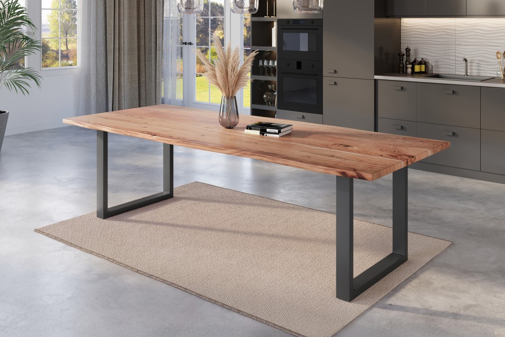 Esstisch Baumkante massiv Akazie natur 280 x 100 U-Gestell schwarz NICK