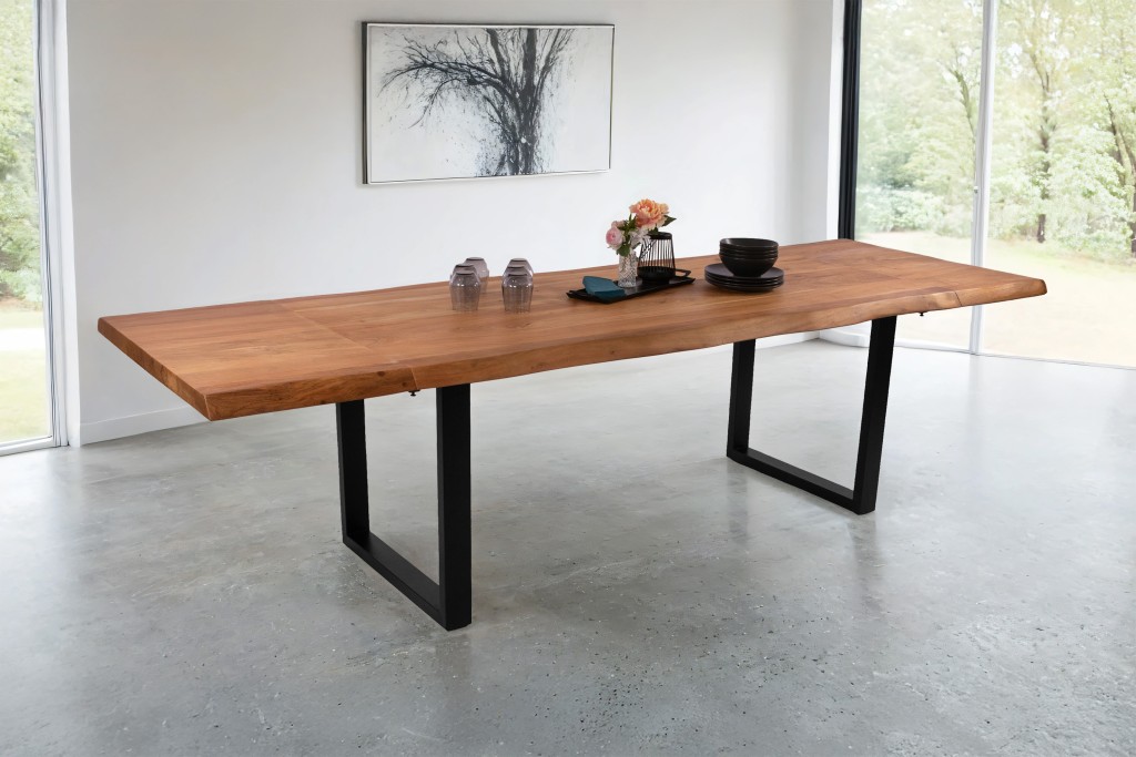 Esstisch Baumkante Akazie natur 140 (220) x 90 cm U-Gestell schwarz mit Ansteckplatten CALI