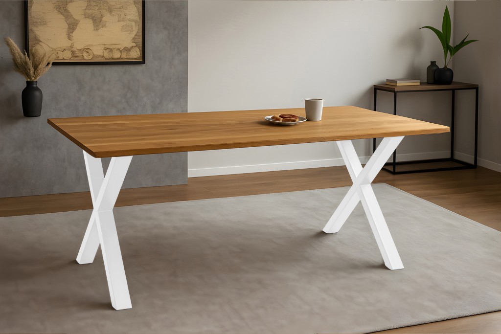 Esstisch Baumkante massiv Eiche geölt 220 x 100 cm X-Gestell weiß SALVADOR
