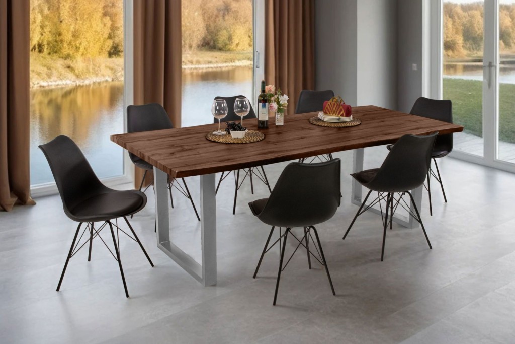 Esstisch Baumkante Holz-Optik Nussbaum 240 x 100 U-Gestell silber JOSY