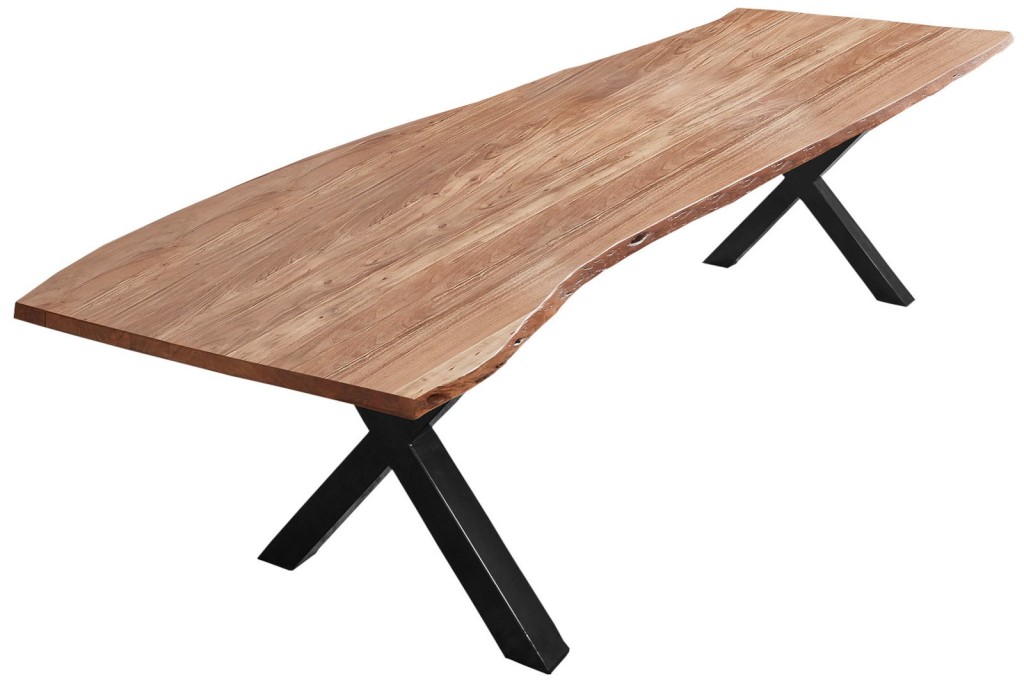 Esstisch Baumkante massiv Akazie natur 300 x 100 X-Gestell schwarz XAVER