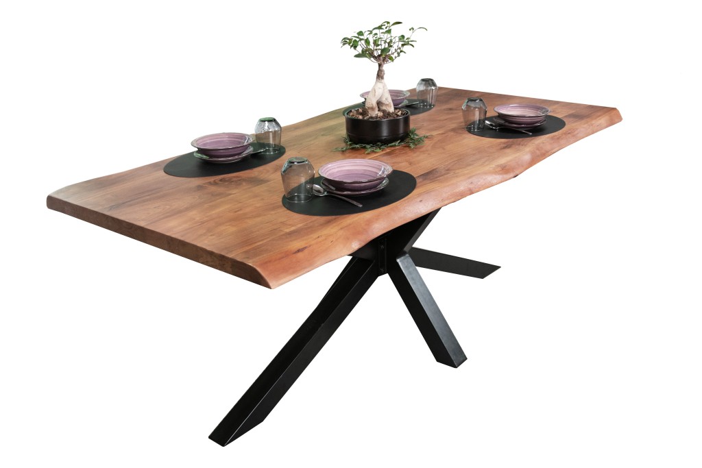 Esstisch Baumkante massiv Akazie Nussbaum 200 x 110 Spider-Gestell schwarz CALI