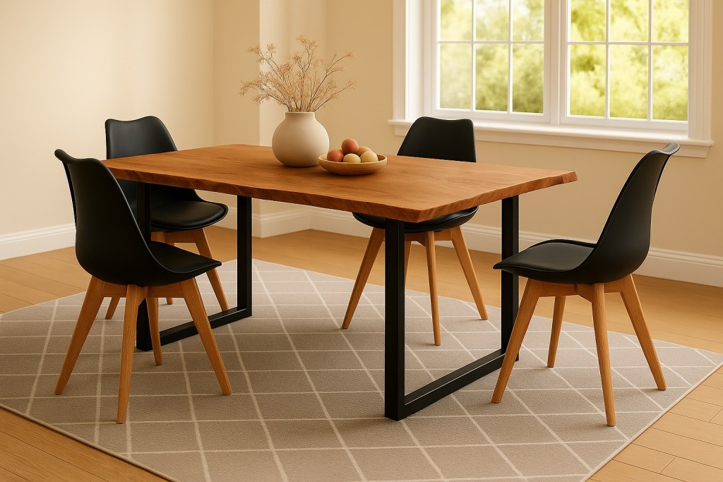 Essgruppe Baumkante massiv 140 x 80 cm Akazie naturfarben U-Gestell schwarz & 4 Stühle schwarz QUINN