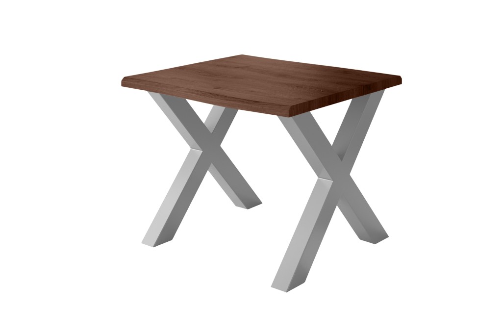 Esstisch Baumkante Holz-Optik Nussbaum 80 x 80 X-Gestell silber JULIUS