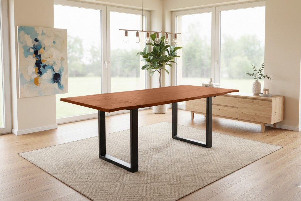 Esstisch Baumkante Akazie nuss 140(220)x90 Ansteckplatten U-Gestell schwarz AVINO