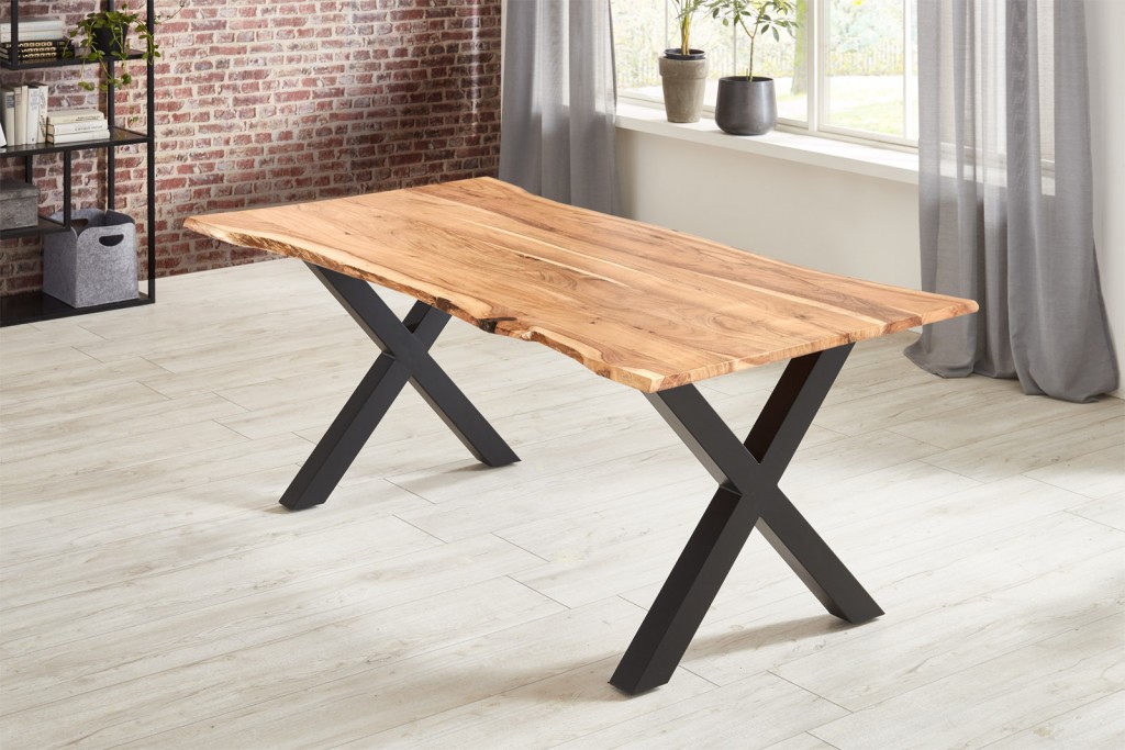 Esstisch Akazie naturfarben 180 x 90 cm X-Gestell schwarz YVONNE