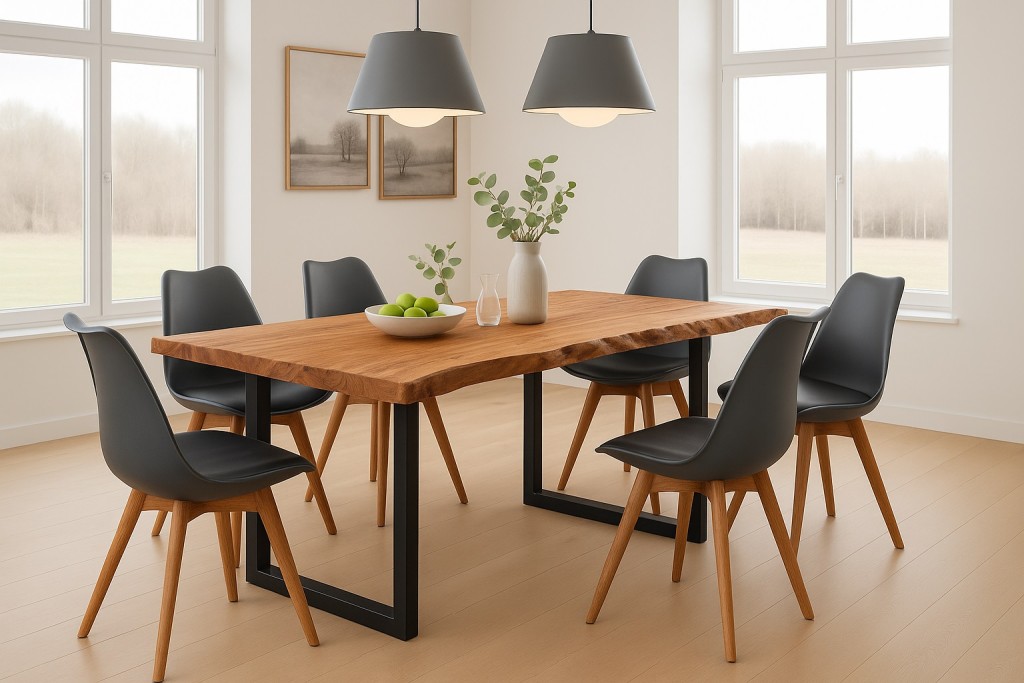 Essgruppe Baumkante massiv 180 x 90 cm Akazie naturfarben U-Gestell schwarz & 6 Stühle schwarz QUINN