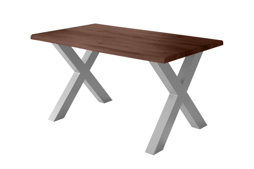 Esstisch Baumkante Holz-Optik Nussbaum 140 x 80 X-Gestell silber JULIUS