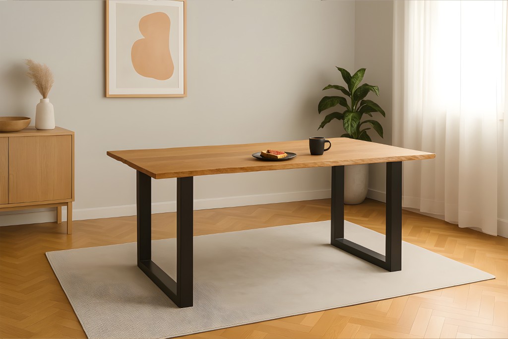 Esstisch Baumkante massiv Eiche geölt 260 x 100 cm U-Gestell schwarz SALVADOR