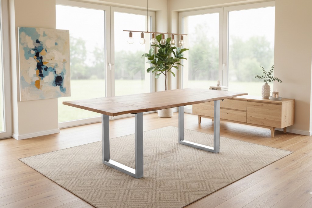 Esstisch Baumkante Akazie natur 140(220)x90 Ansteckplatten U-Gestell silber AVINO