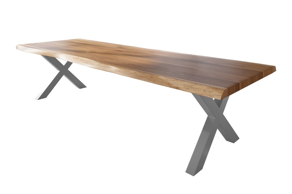 Esstisch Baumkante massiv Akazie natur 350 x 120 X-Gestell Metall silber TITAN
